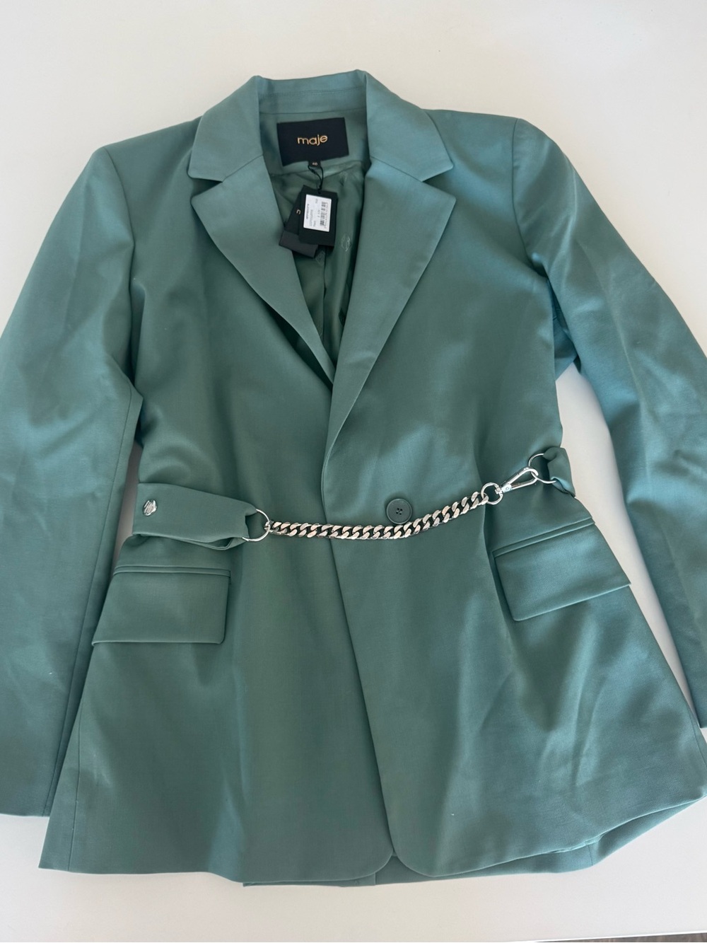 Maje Teal Satin Tailored Blazer with Silver Chain
